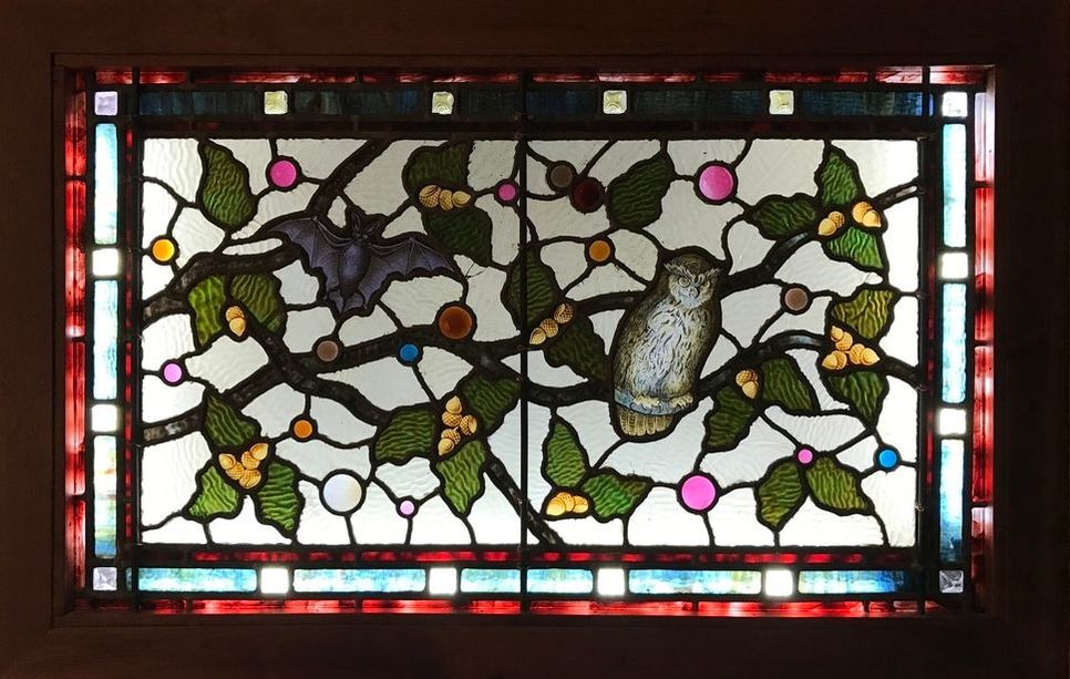Classic Historical Stained Glass - Jeweled Owl And Bats Stained Glass Windows