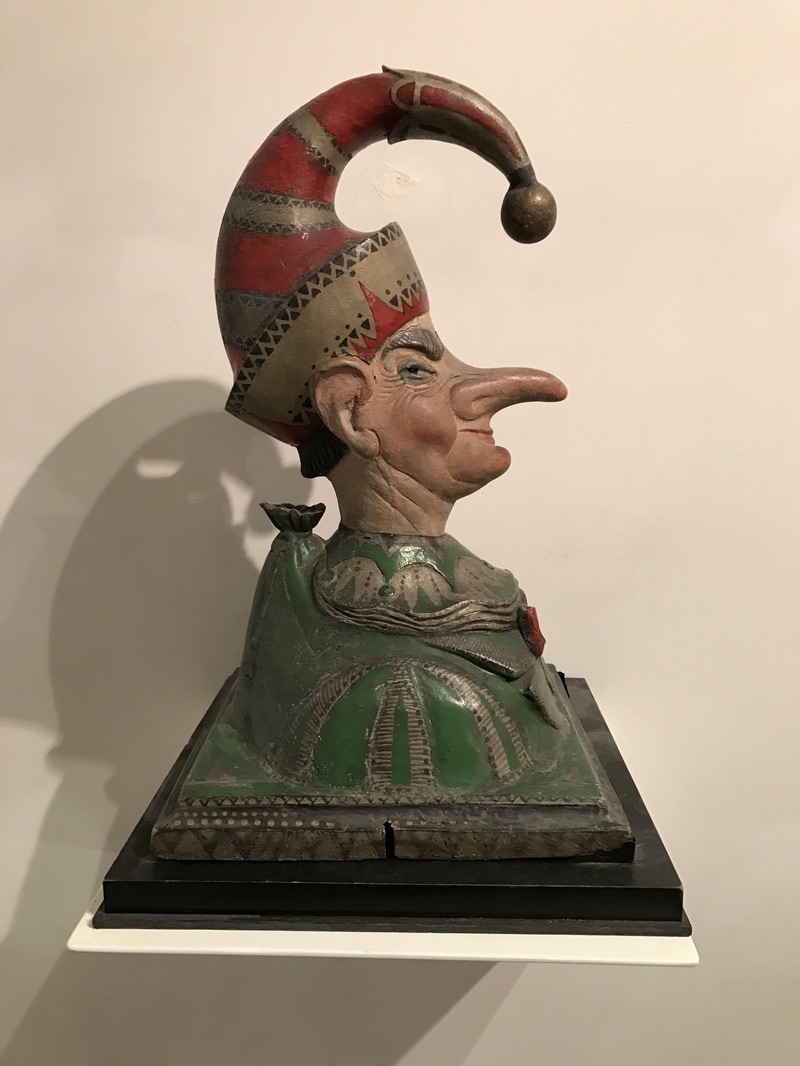 American Folk Art - Turn of the century carved polychromed Punch counter top trade figure.